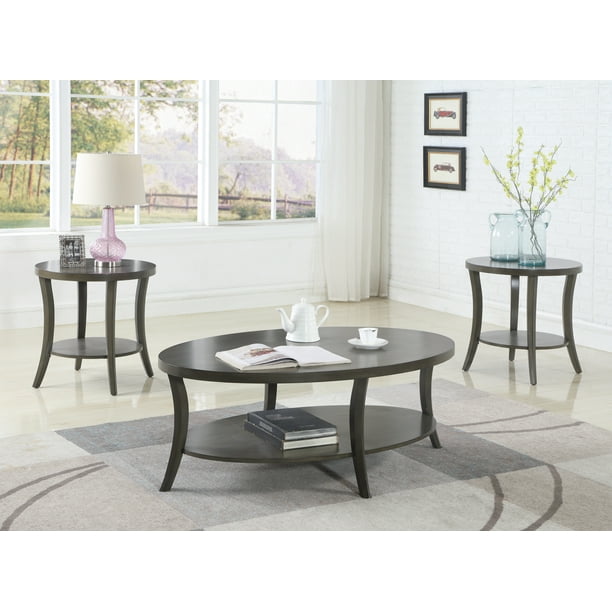 Roundhill Perth Contemporary Oval Shelf Coffee Table Set, Gray