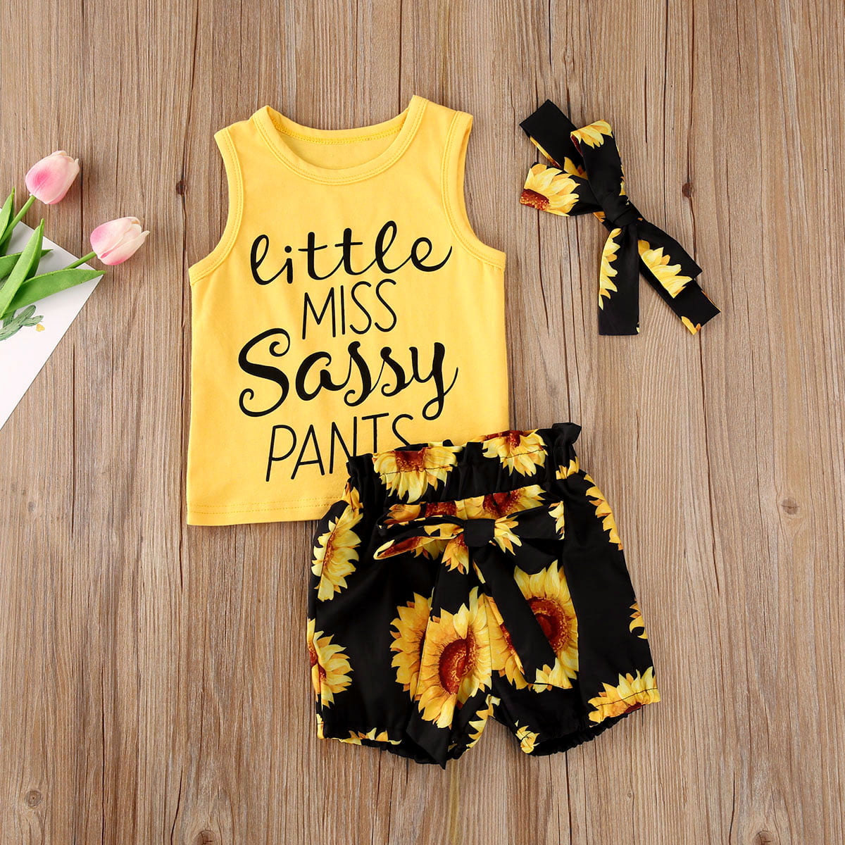 Kids Baby Girls Clothes Vest Tank Tops Sunflower Print Shorts Headband Summer Outfits Set 