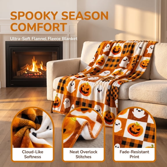Halloween Thanksgiving Throw Blanket 39x27in Orange Flannel Couch Cover, Soft Plush Fleece Blanket for Sofa Bed Office, Warm Fall Halloween Decorations Gift by OVFUIZ