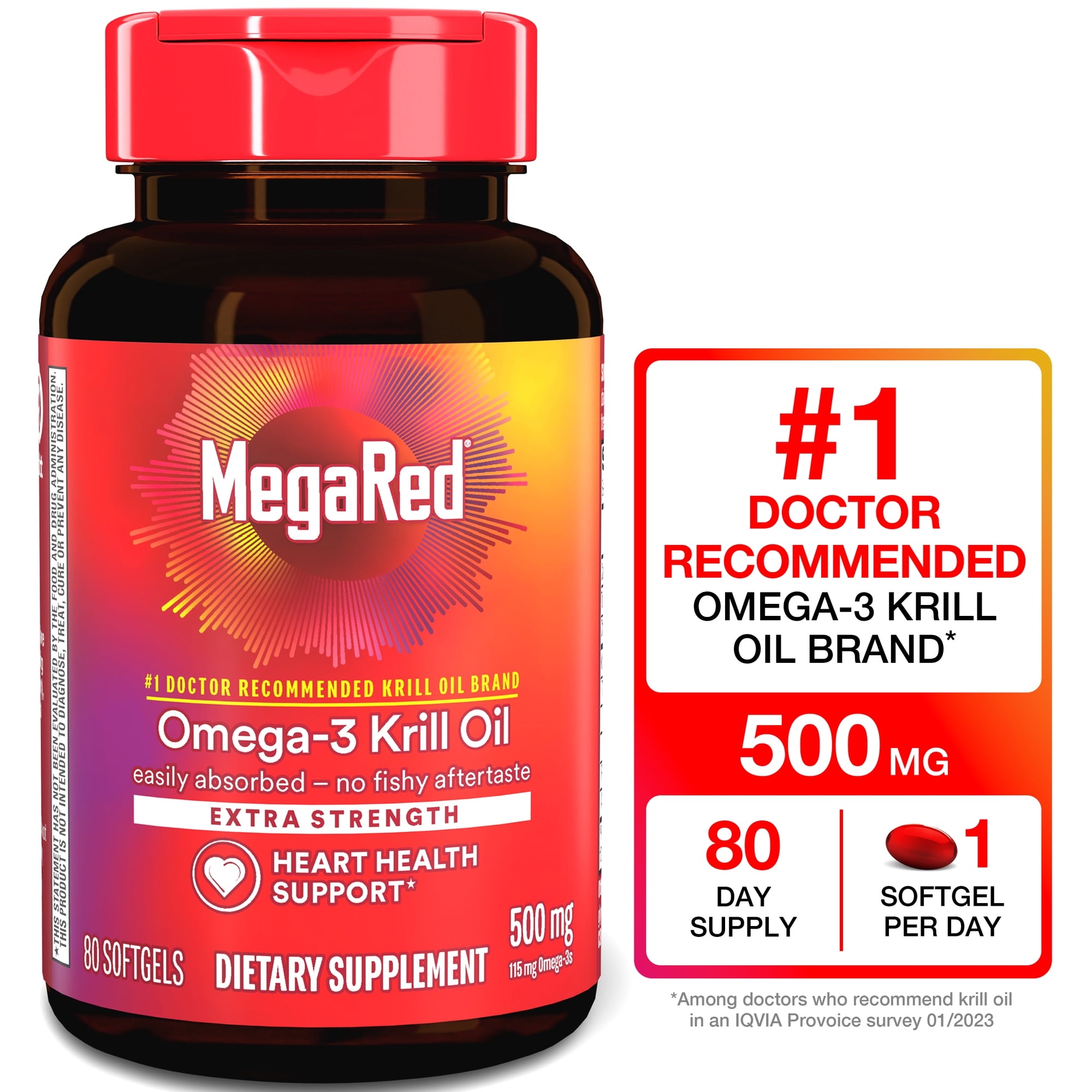 MegaRed Extra Strength 500mg Omega-3 Fish Krill Oil Supplements, Heart Brain Eyes Joints Health, 80 Softgels