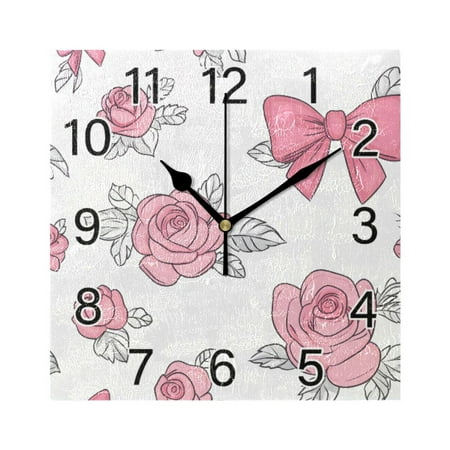 Ryvnso Roses Bows Wall Clock Square Silent Non-Ticking Battery Operated 7.78