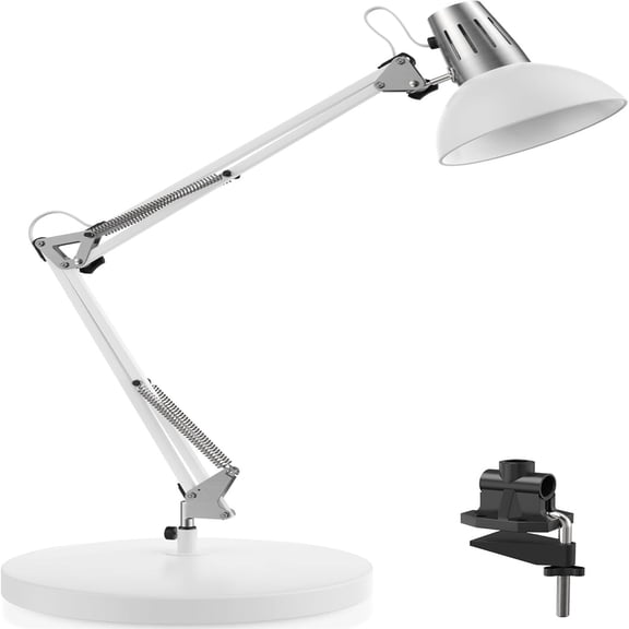 Adjustable Goose Neck Architect Table Lamp with On/Off Switch, Swing Arm Desk Lamp with Clamp, Eye-Caring Reading Lamp for Bedroom, Study Room &Office (White)