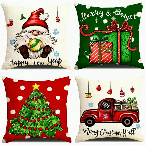 Holiday Cheer Pillow Cover Set - Festive Xmas Series 18x18 Cushion Covers for Sofa, Couch, Bed - Farmhouse Decorations in Red and Green - Set of 4
