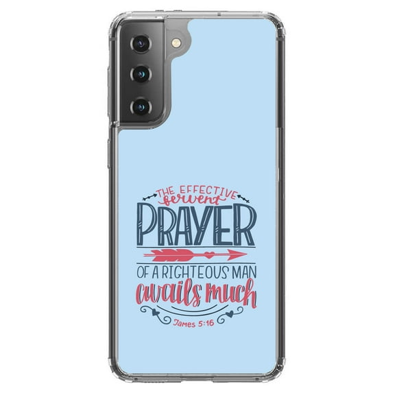 DistinctInk Clear Shockproof Hybrid Case for Galaxy S21 5G (6.2" Screen) - TPU Bumper, Acrylic Back, Tempered Glass Screen Protector - James 5:16 - Effective Fervent Pray of a Righteous Man