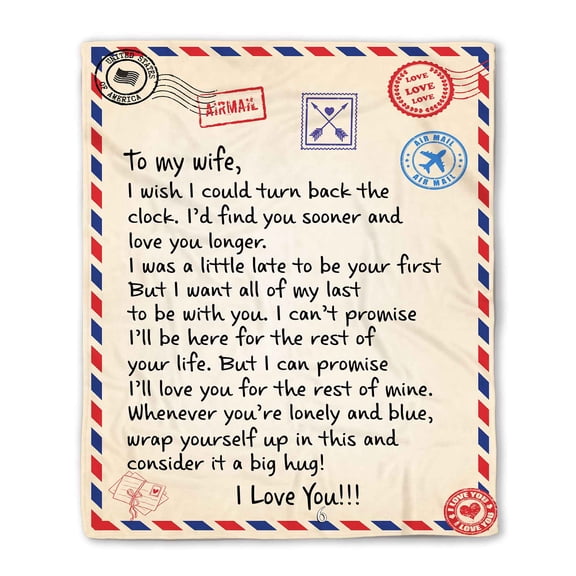 Customizaholic To My Wife Personalized Love Letter Blanket, Romantic Airmail Design Fleece Throw, Custom Name Anniversary Valentine Gift for Wife