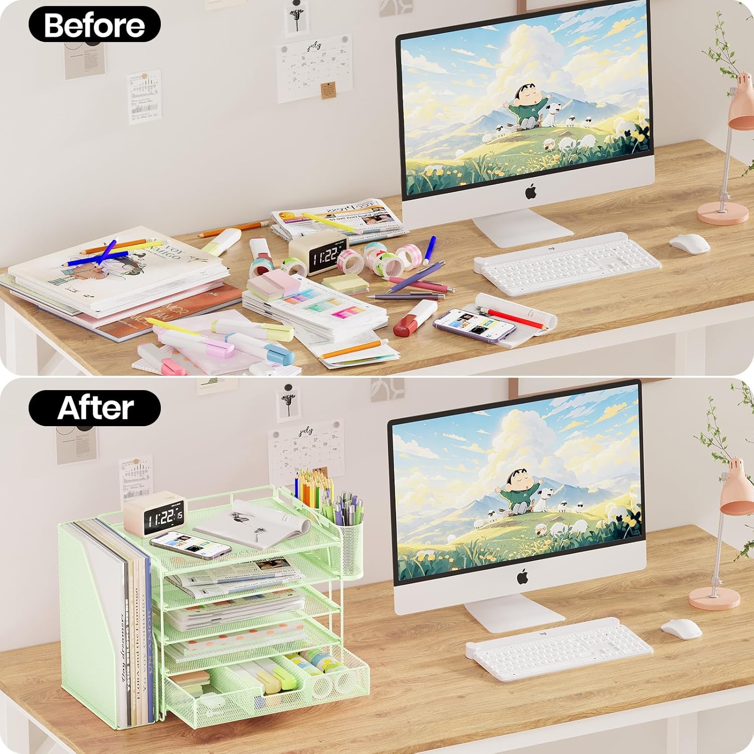 ThrottleT-Desk Organizers and Accessories with File Holder, 5-Tier Office Desk Accessories & Workspace Desktop Organizer with Drawer and 2 Pen Holder, File Paper Organizer for Office Supplies(Green)