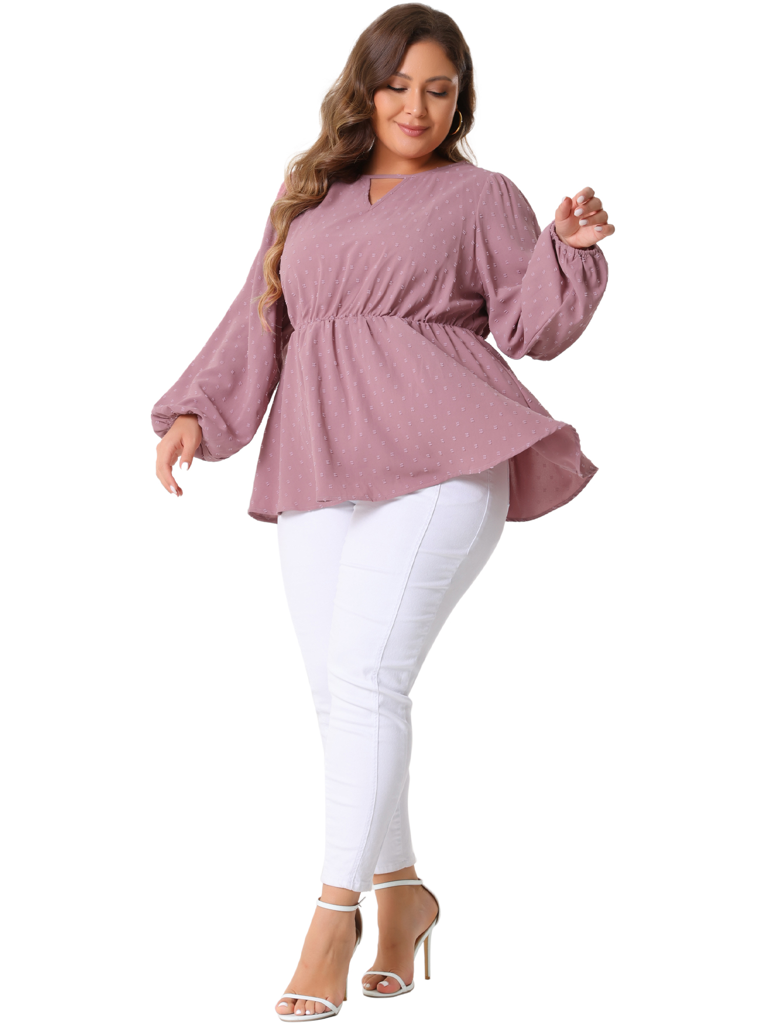 DARING DIVA Women's Plus Textured Keyhole Cut Out Long Sleeve Blouse 2X Pink