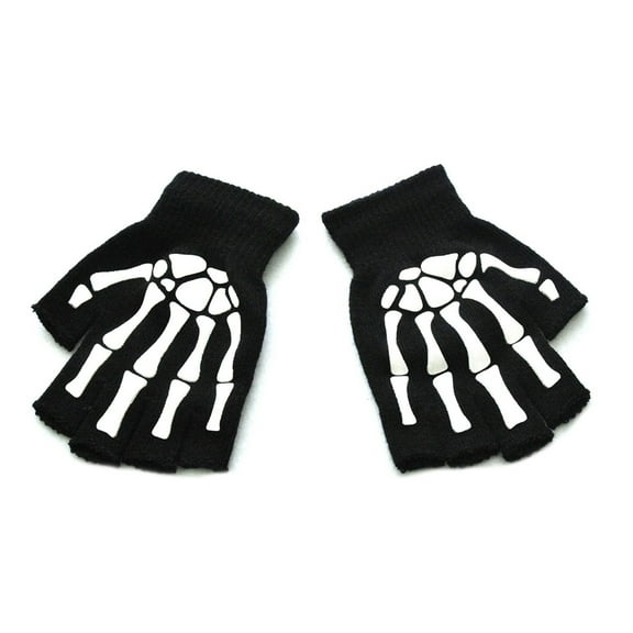 MAKITED Unisex Adult Halloween Skeleton Skull Half Finger Gloves Glow in the Dark Fingerless Stretch Knitted Winter Mittens