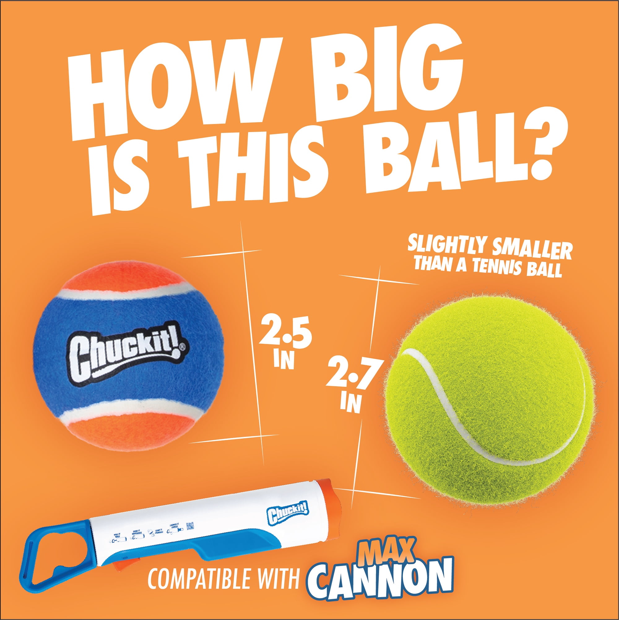 Chuckit! Max Cannon 24M Dog Ball Launcher Fetch Toy for Dogs, 24" Long Compatible with Medium 2.5" Balls, 2 Balls Included
