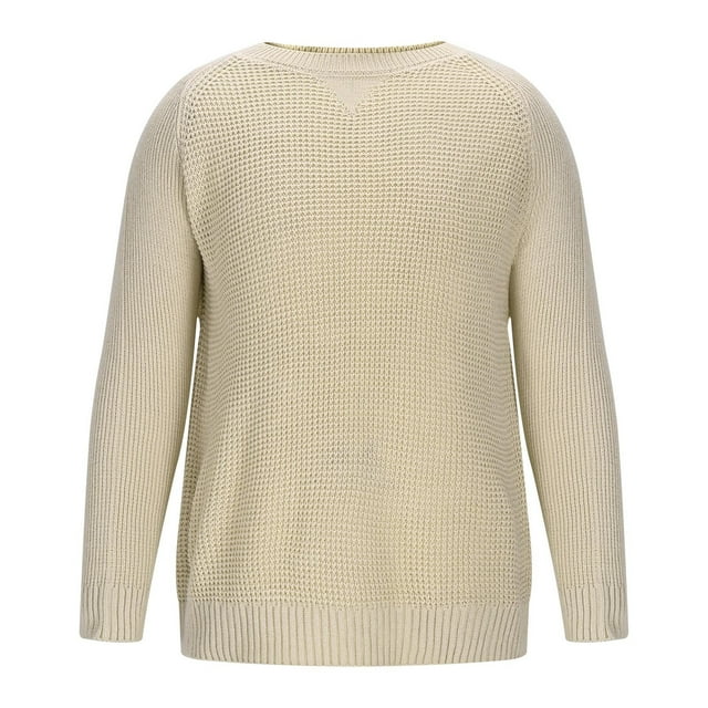 Lovzfmll Winter Chunky Rib Knit Crew Neck Sweater for Men, Solid Color Long Sleeve Pullover Top Beige, 2XL