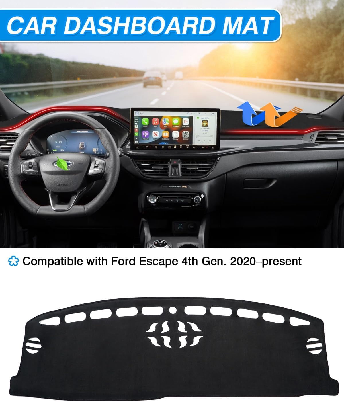 Canvcle Dashboard Cover Custom Fit for Ford Escape 2020-2025 (Without HUD) Accessories Dash Cover Mat Pad Non-Slip Pad Carpet Anti-Glare