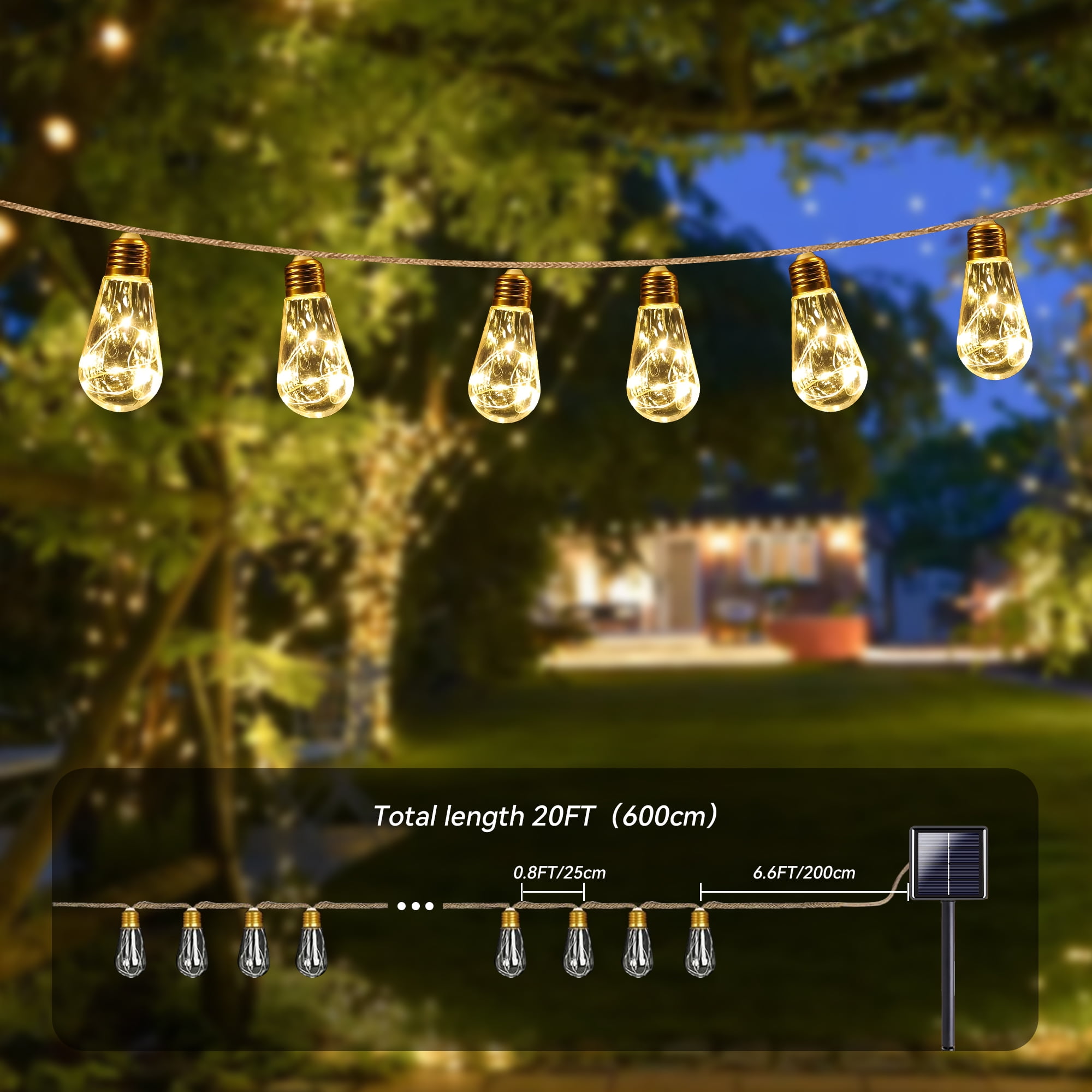 DAYBETTER 2Pack Solar Outdoor String Lights, 40ft/8Light Modes/32Bulbs Vintage Rope Hemp Solar Powered String Lights for Fence Patio Garden Yard Room Decor