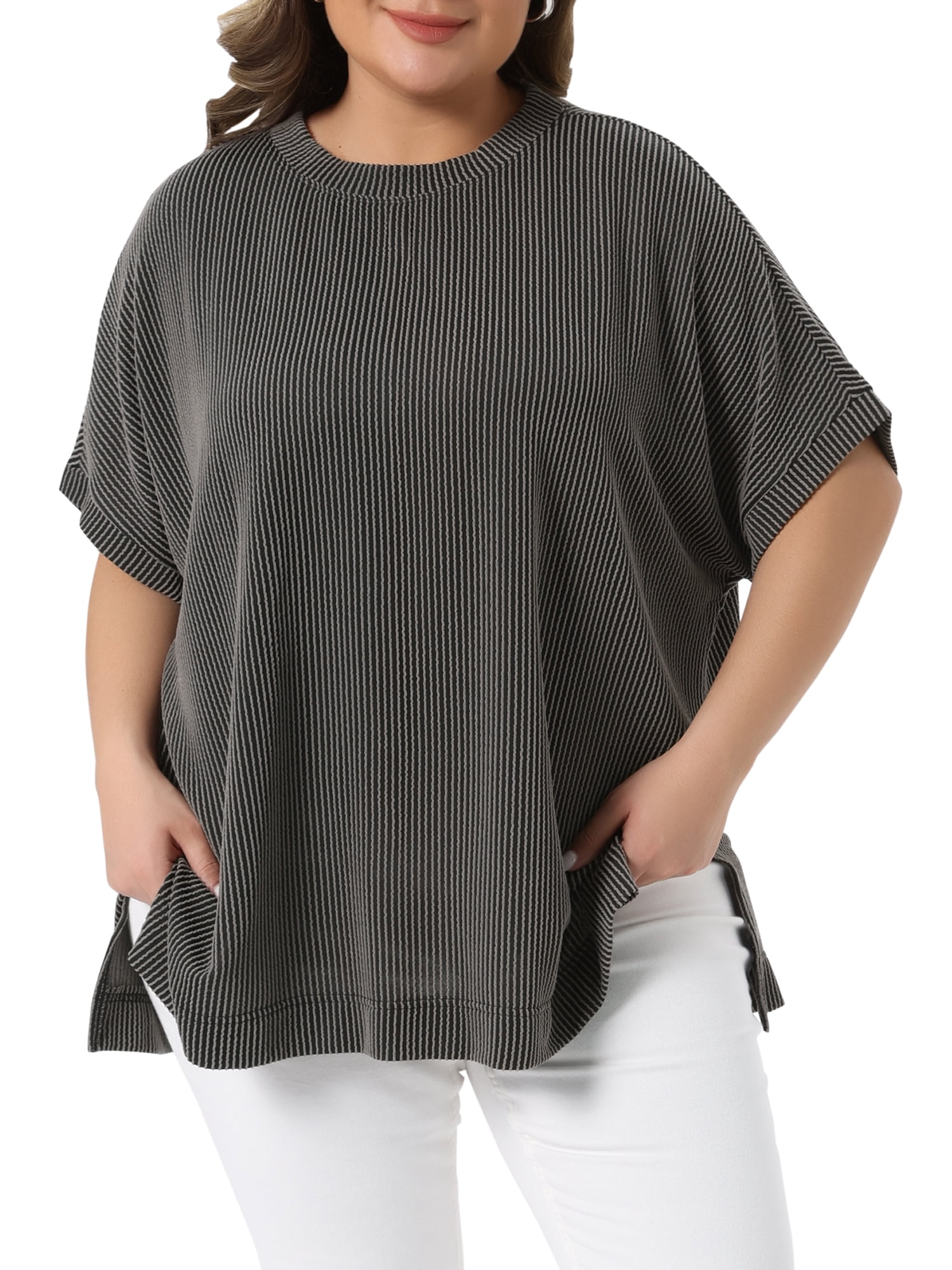 DARING DIVA Women's Plus Crew Neck Loose Fit Striped Summer Blouse 3X Black
