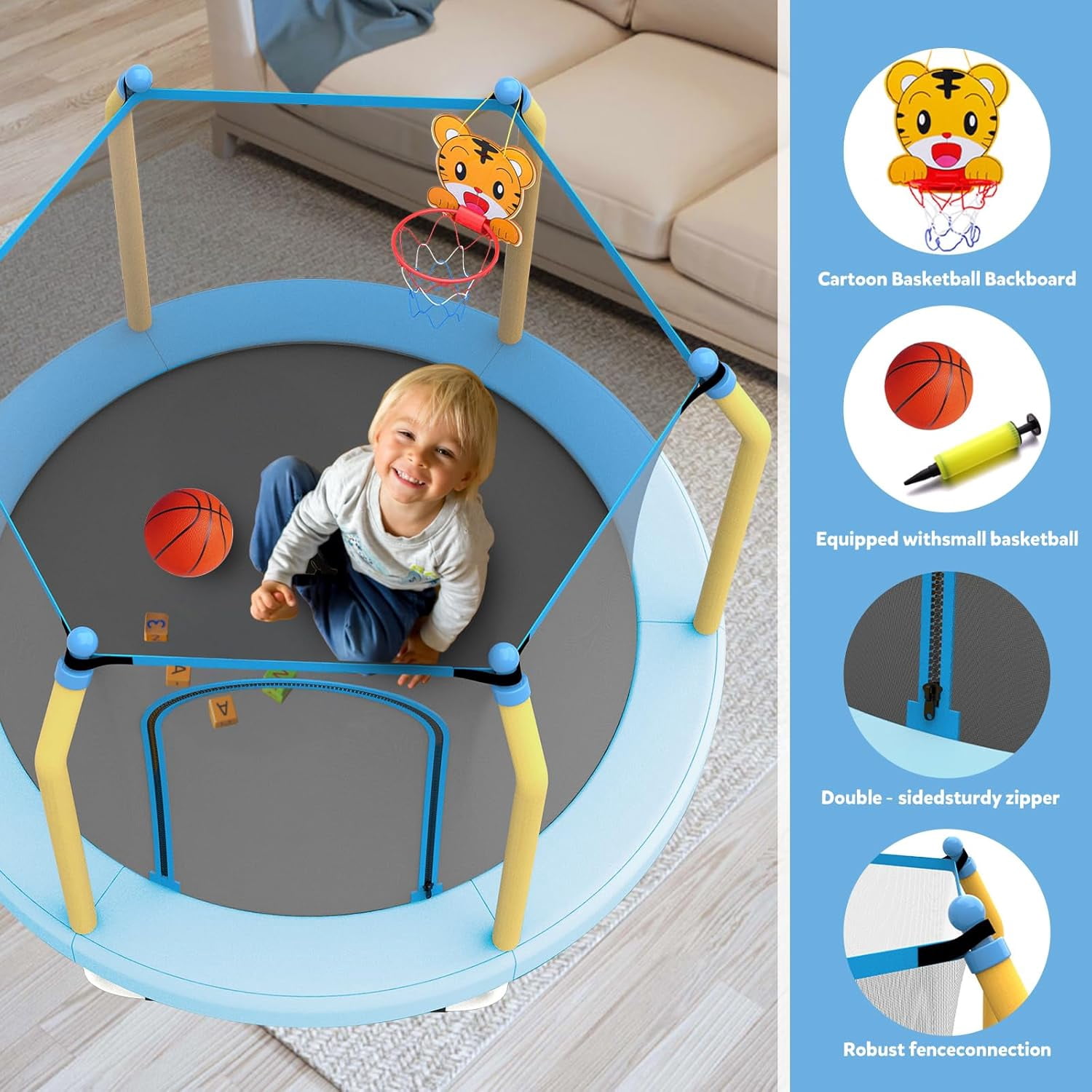 55" Trampoline for Kids, Mini Toddler Trampolines Indoor with Basketball Hoop & Safety Enclosure Net, No-Gap Safe Design for Boys Girls Ages 1-8