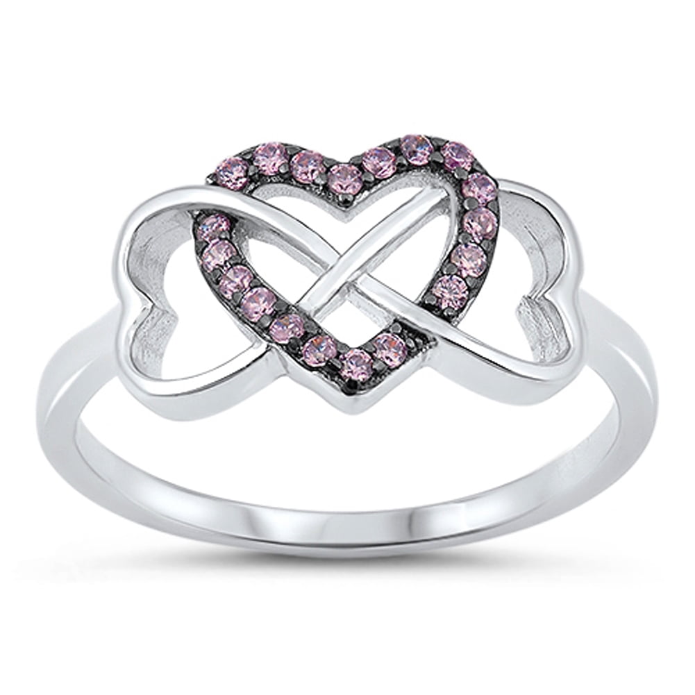CHOOSE YOUR COLOR Infinity Knot Heart Pink CZ Promise Ring 925 Sterling Silver Band Female Size 8