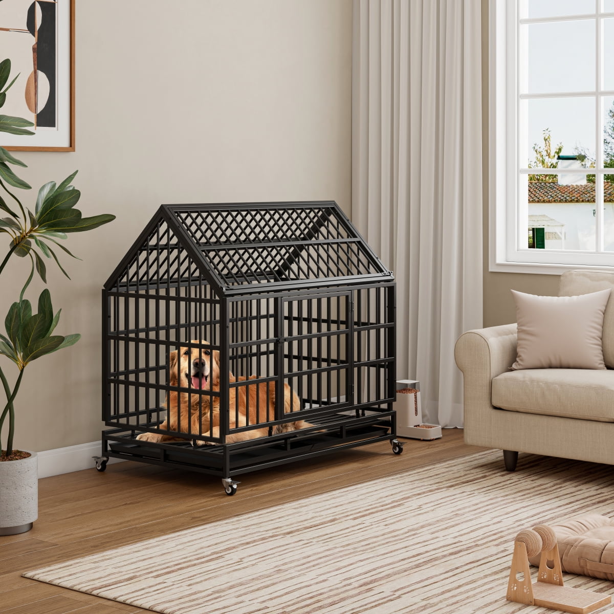 Black 48 Inch Heavy Duty Folding Dog Crate with Wheels Removable Tray