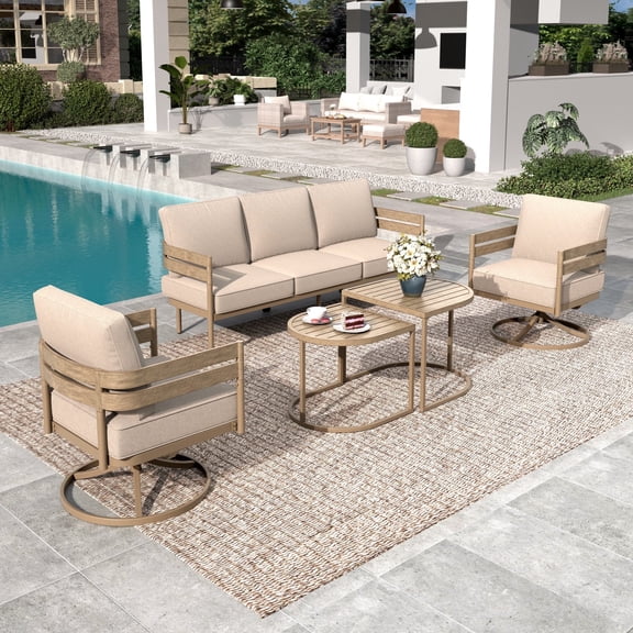 5-Piece Metal Outdoor Patio Furniture Set with Swivel Chairs, Wood-Grain Outdoor Patio Conversation Set for 5 People, Modern Curved Back Outdoor Sofa Set