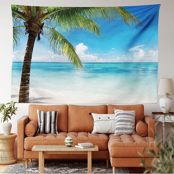 Ocean Tapestry, Exotic Beach Water And Palm Tree By The Shore With Clear Sky Landscape Image, Wall Hanging For Bedroom Living Room Dorm Decor, 39" X 5