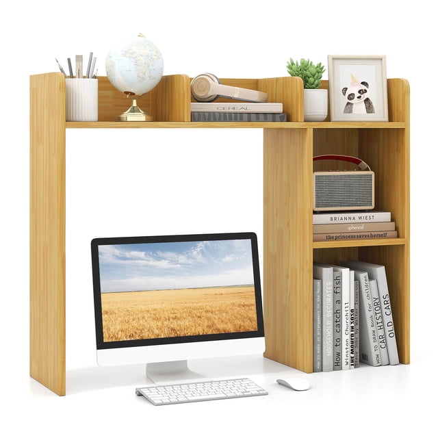 Costway Desk Bookshelf Desktop Storage Shelf for Monitors up to 27" with Anti-tip Kits Beige
