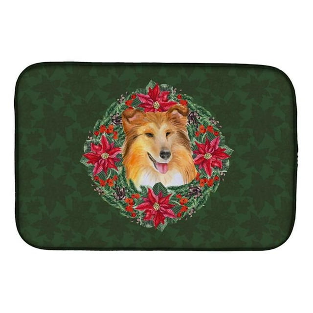 Carolines Treasures CK1586DDM Sheltie Poinsetta Wreath Dish Drying Mat