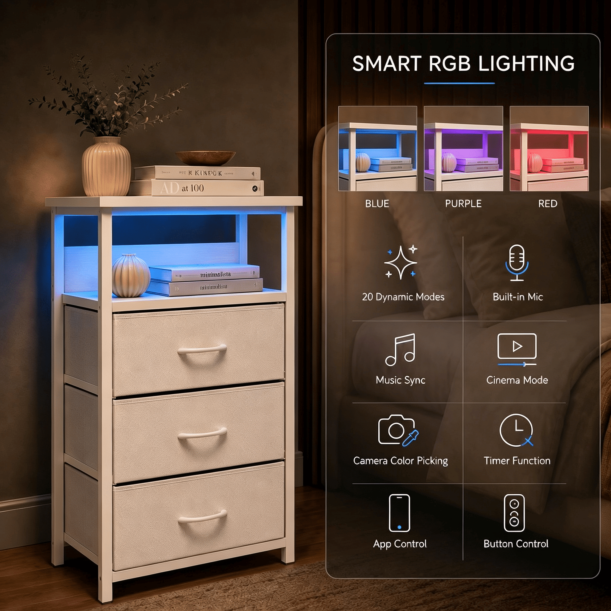 3-Drawer Nightstand with Charging Station, Open Shelf and RGB Light Strip, Fabric Drawer Dresser, Steel and Engineered Wood Frame, Bedroom and Living Room