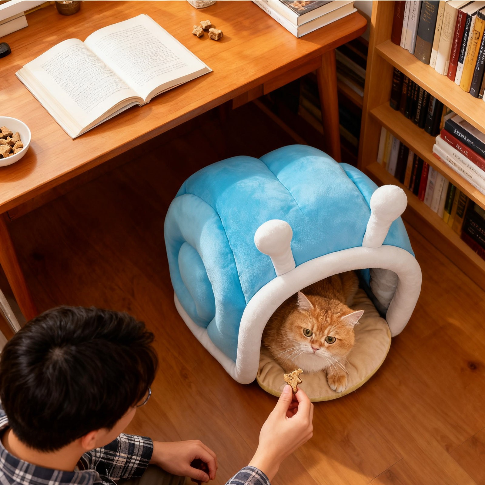 Cat Bed Cave Enclosed Snail Shape - Warm Cozy Hideaway for Indoor Cats, Small Dogs & Kittens, Winter Covered Bed Non- Bottom