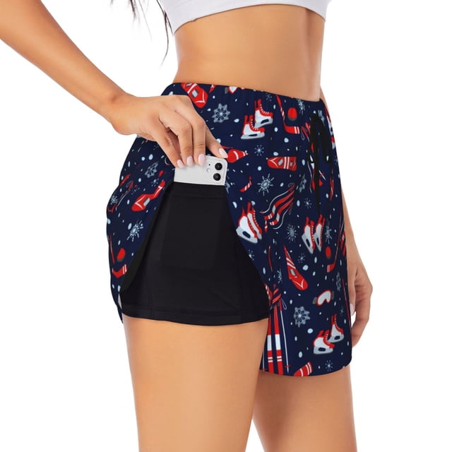 Balery Winter Sports Fun Pattern Pantalones cortos deportivos para mujer con forro y dos bolsillos, elásticos, para entrenamiento, gimnasio, yoga-Small