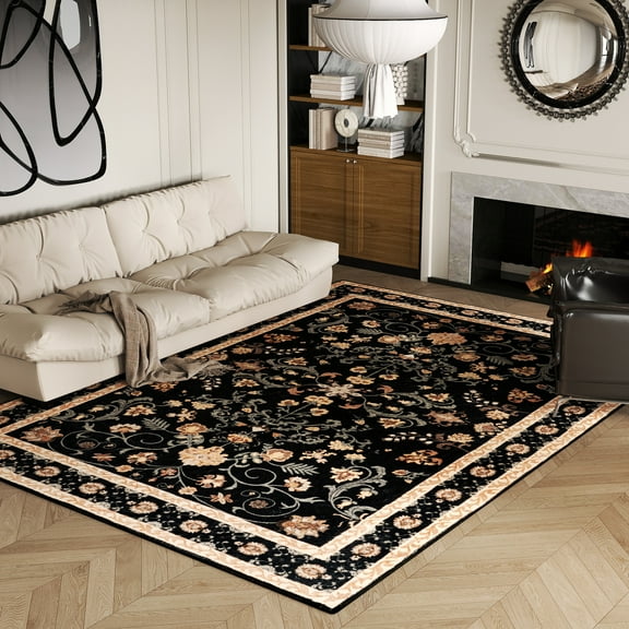 ASPILLOW Machine Washable Area Rug 5x7 Black Soft Stain Resistant Print Carpet for Living Room Dining Room Bedroom Den