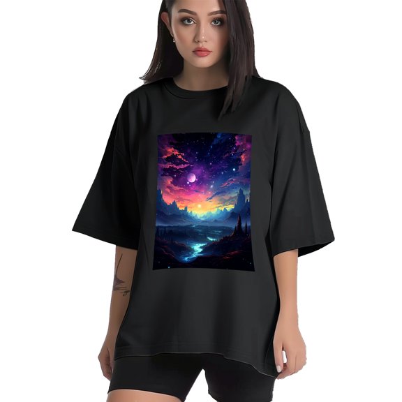 Plus Size Shirt for Women Black Tops for Women Short Sleeves Shirt for Women Night Sky T Shirt Crewneck Shirt for Women XS