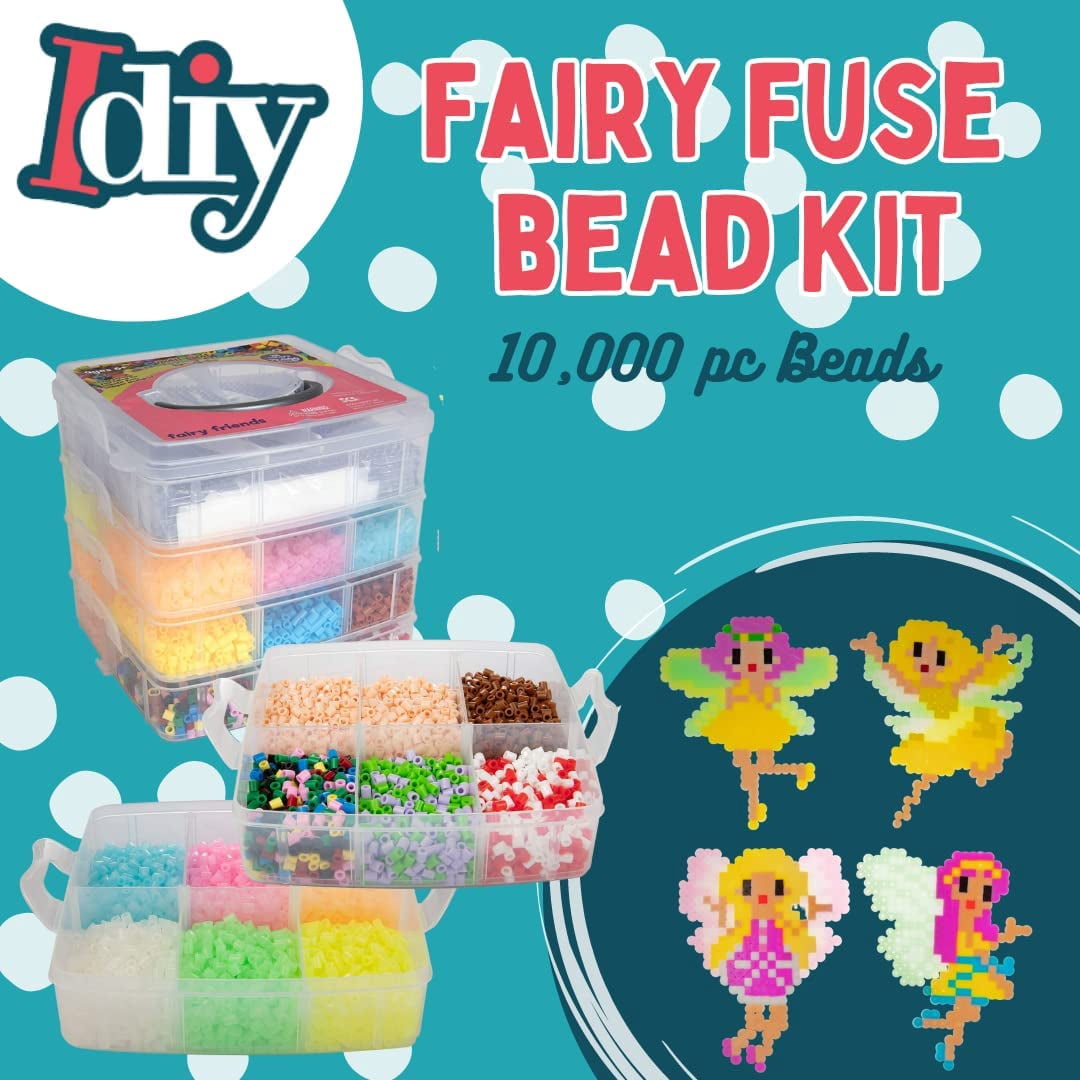 10,000pc Fuse Bead Fairy Kit w Carrier CASE - 25 Colors, 12 Unique Templates, 4 Peg Boards, Tweezers, Ironing Paper, Case - Works w Perler Beads, Pixel Art Color by Numbers Project Gift