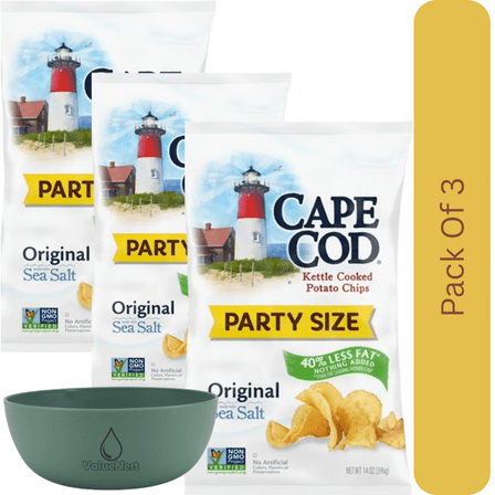 Cape Cod Kettle Cooked Potato Chips Less Fat Original, 14 oz Bag With Olive Green Bowl By ValueNest
