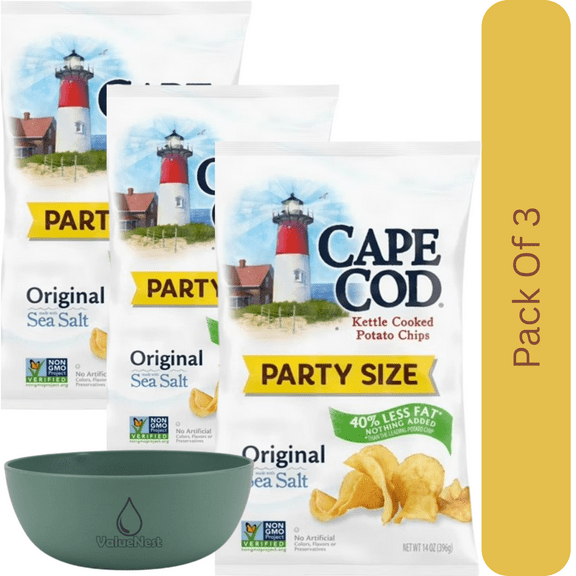 Cape Cod Kettle Cooked Potato Chips Less Fat Original, 14 oz Bag With Olive Green Bowl By ValueNest