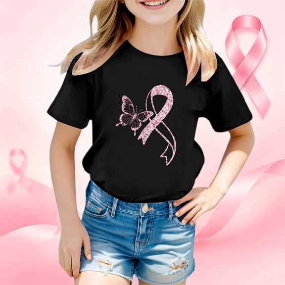 Toddler Kids Girls T Shirts Short Sleeve Breast Cancer Awareness Month Printed Tee Shirts Casual Crewneck Casual Loose Tops 5-6 Years