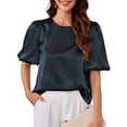 thumbnail image 4 of Women'S Satin Silk Blouses Puff Short Sleeve Dressy Casual Tops Loose Fit Crew Neck Cropped Shirts Navy Blue XL, 4 of 10
