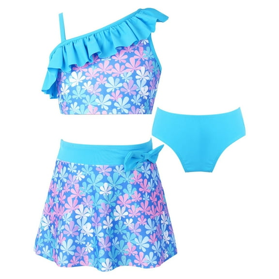 YONGHS Kids Girls Floral Tankini Set Ruffled Vest Tops with Skirt Briefs Summer Swimwear Swimsuit Sky Blue 4