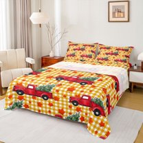 Castle Fairy Red Truck Full Size Sheets 4-Piece for Children Teens,Geometric Plaid Breathable Bed Sheets,Happy Xmas Christmas Lightweight Sheet Sets,Super Cozy Room Decor