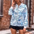 thumbnail image 4 of Abrigo clásico azul con cremallera para mujer: prenda informal elástica elegante para otoño, chaqueta bomber con estampado floral, talla M, 4 of 6