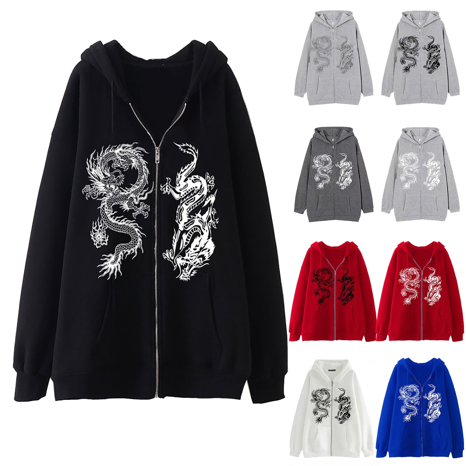 Hpapadks Hoodie Men Oversized Full Zip Hoodies Pullover with Chinese Dragon Print Gothic Graphic Hooded Jacket Sweatshirts for Men