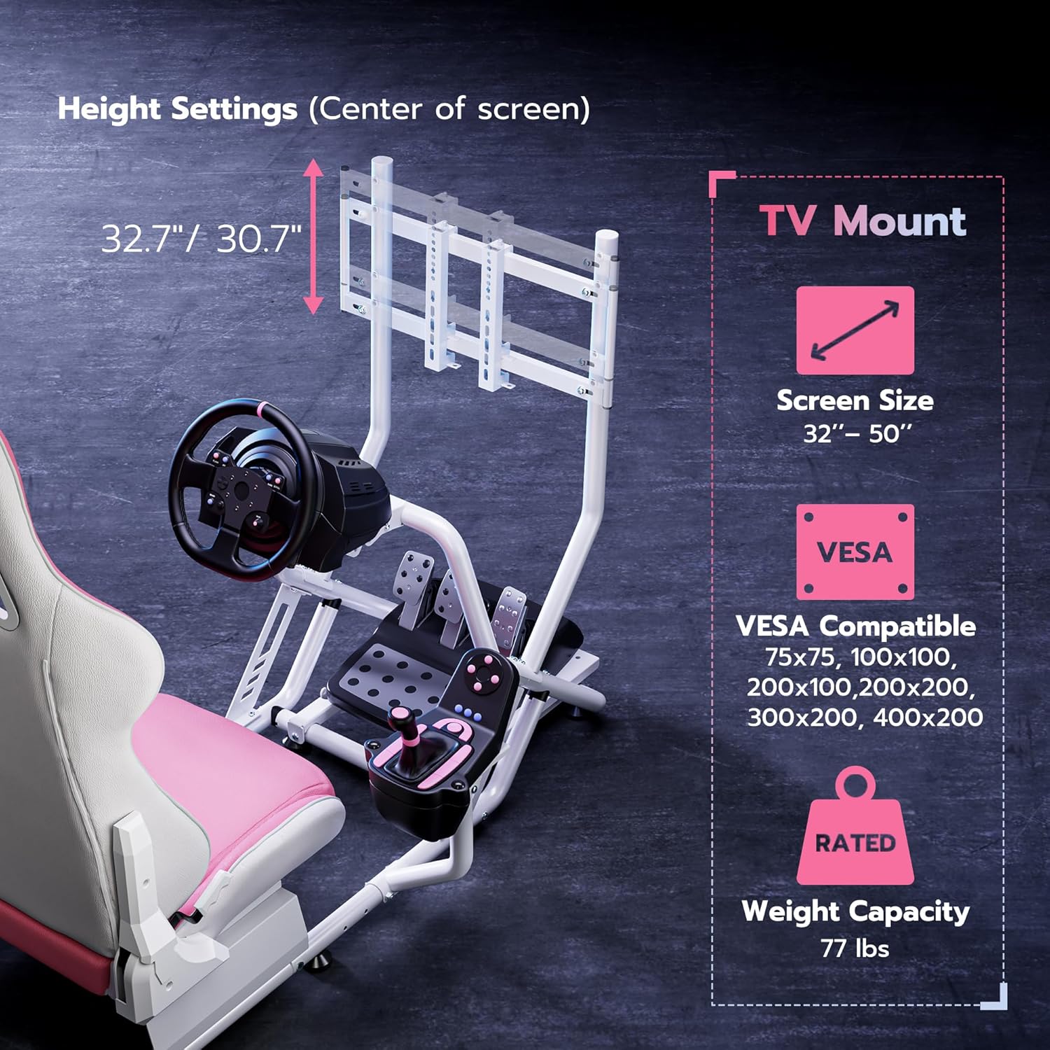 ARES WING Racing Simulator Cockpit with Seat and Monitor Mount, Adjustable Sim Racing Cockpit Compatible with Logitech, Thrustmaster, Fanatec, Moza, for PS5, PS4, Xbox and PC, Pink