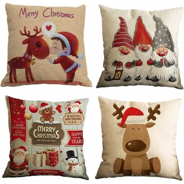 Funda de almohada, juego de 4 fundas de cojín cuadradas estampadas de algodón y lino con diseño de alce navideño, Papá Noel, muñeco de nieve y enano para cama, coche, hogar, sofá, 45 x 45 cm