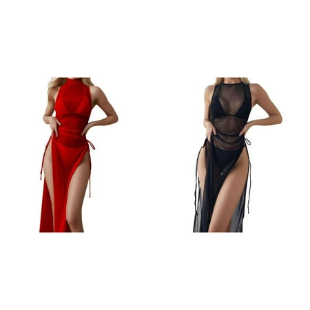 (2-Pack) Kcodviy Women Bikini Draped Front Romper Cover Up Drawstring Knot Mesh Cover Beach Cover Up Button Down Up without Hight Split fork Dress Beach Wrap Bikini Shiny Wraps Cover Ups fo