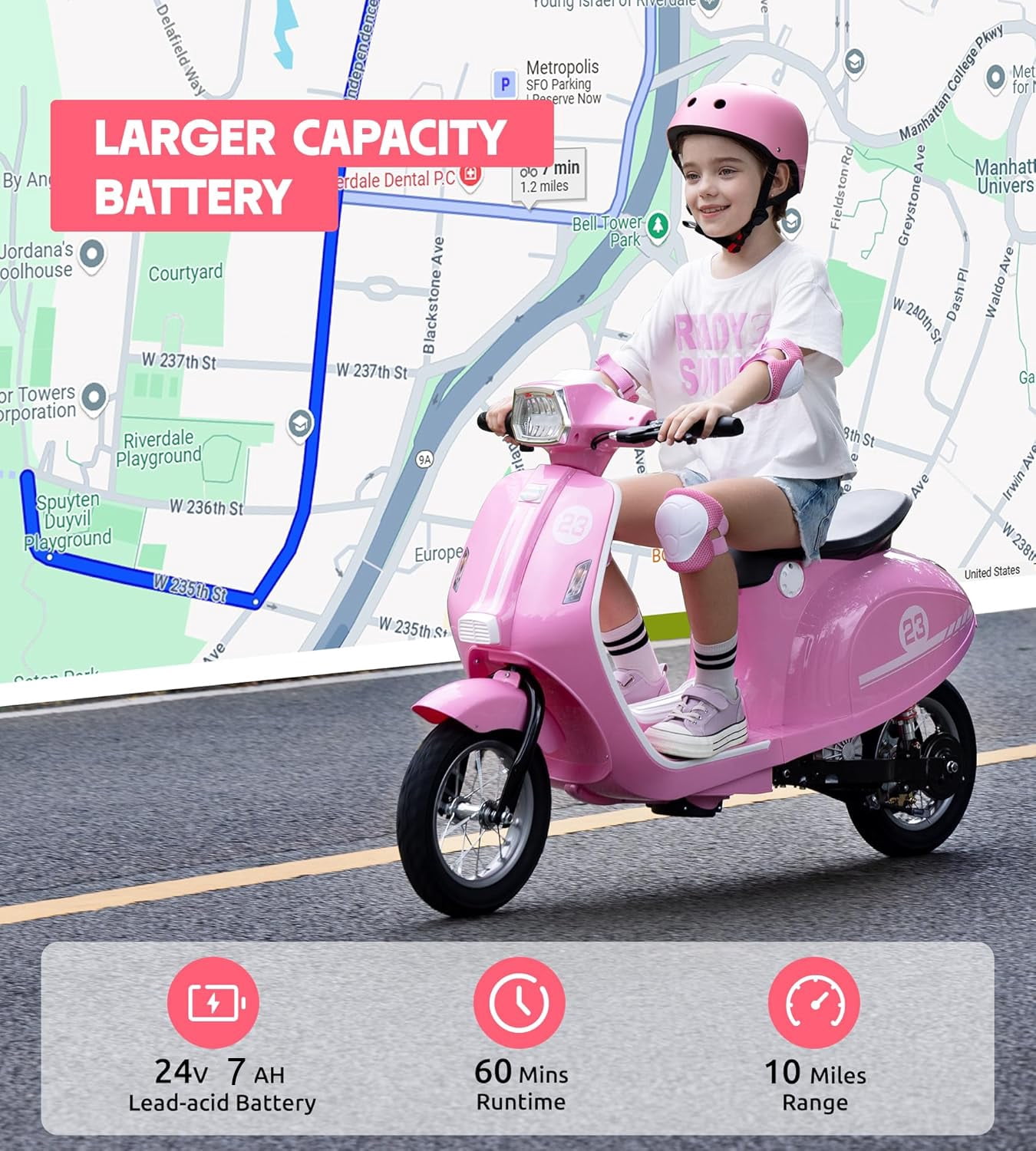 Track Seven 24V Ride on Motorcycle 250W Electric Motorcycle,  Max Speed 10 Mph, Twist-Grip Throttle,  2 Speeds, MP3 Player, Bluetooth, Ride on Toy Car for Boys Girls Age 8+, Pink