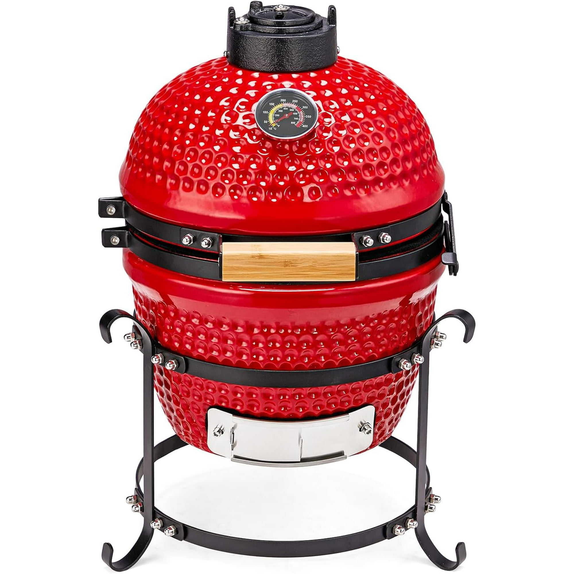 ROVSUN 13IN Red Spherical Ceramic Charcoal Grill with Inner Liner, Portable BBQ Smoker for Outdoor Cooking, Camping, and Backyard Grilling