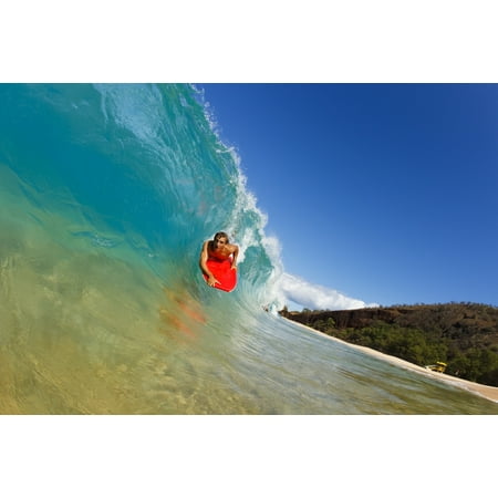 Hawaii Maui Makena - Big Beach Young Man Boogie Boarding On Beautiful Wave Stretched Canvas - MakenaStockMedia  Design Pics (17 x (Best Boogie Boarding Maui)