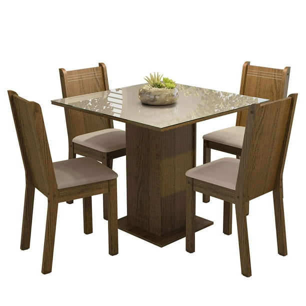 Juego de Comedor Mesa con Tablero de Cristal 4 Sillas Marrón/Crema/Sintético Beige Perla Madesa