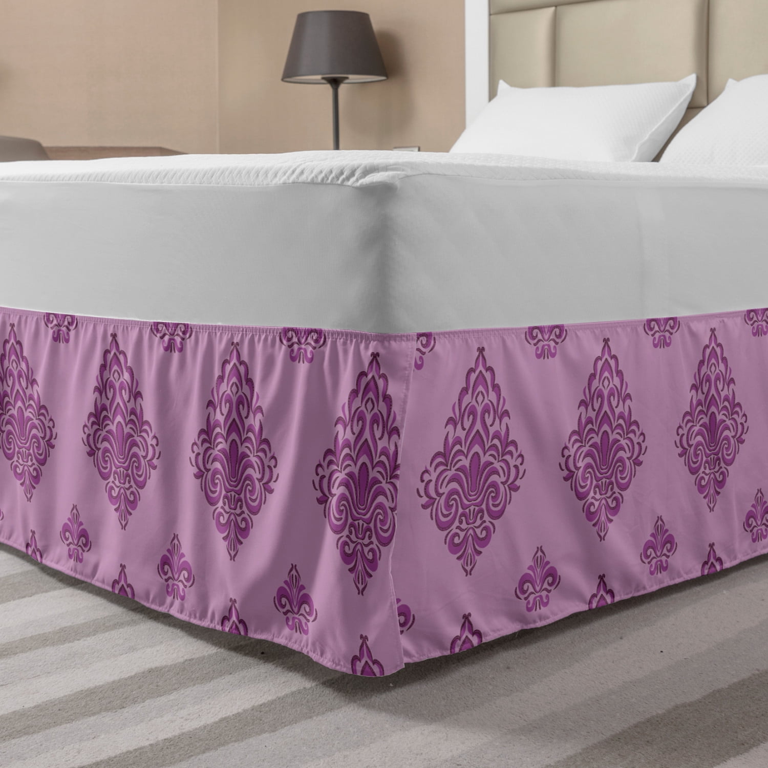 Damask Bed Skirt, Nostalgic Curvy Ornaments Purple Tones Illustration