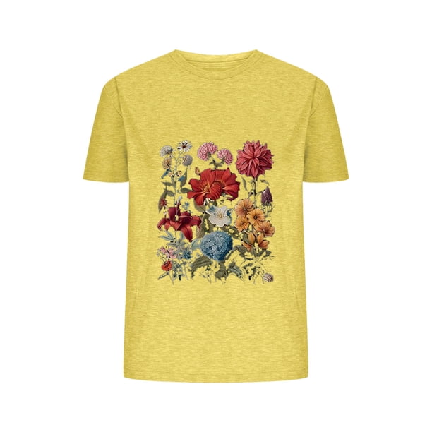 Blusas de Verano de las Mujeres Flor Impresa Cuello Redondo Manga Corta Superior, Verano Superior de las Mujeres