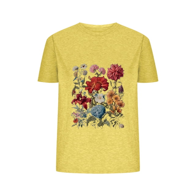 Blusas de Verano de las Mujeres Flor Impresa Cuello Redondo Manga Corta Superior, Verano Superior de las Mujeres
