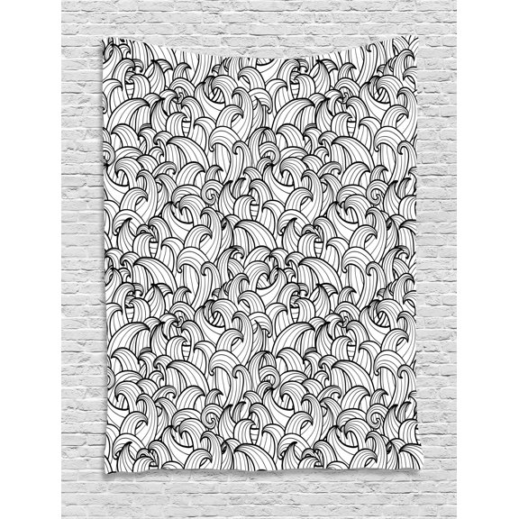 Black and White Tapestry, Abstract Sea Storm with Curly and Striped Waves Doodle Stream Water Flow, Wall Hanging for Bedroom Living Room Dorm Decor, 60W X 80L Inches, Black White, by Ambesonne