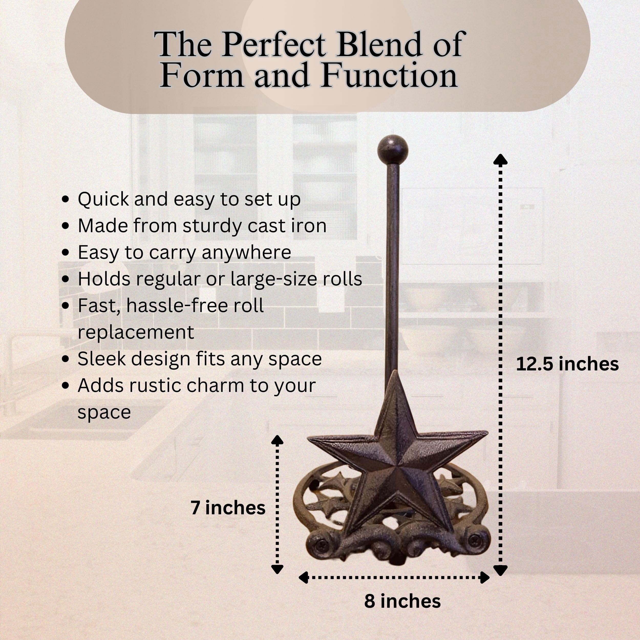 BestGiftEver Metal Star Country Rustic Paper Towel Holder - Freestanding Kitchen Countertop Decor for Farmhouse, and Western Styles - Made of Rustic Brown Cast Iron, for Countertop Cabin Theme